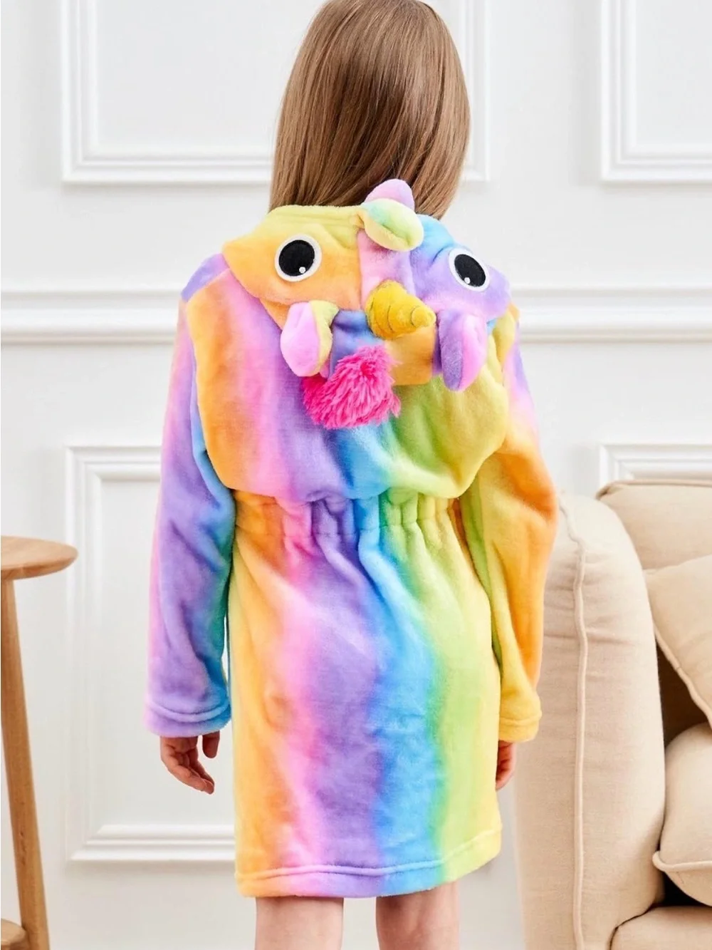 Kids Rainbow Unicorn Hooded Bath Robe - Plush Multicolor